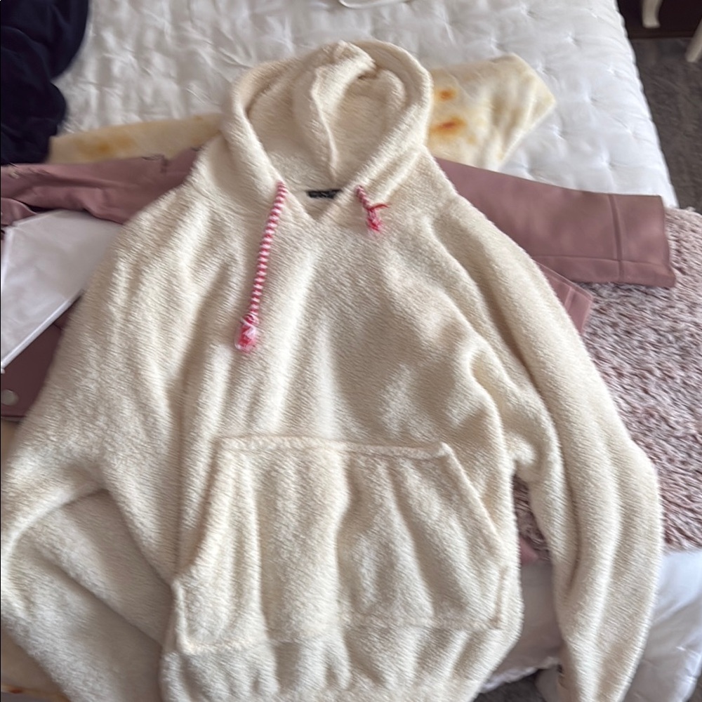 Cozy Cream Hoodie with Pink Drawstrings